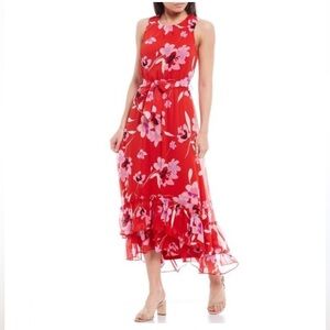 Calvin Klein Red and Pink Floral Midi Dress